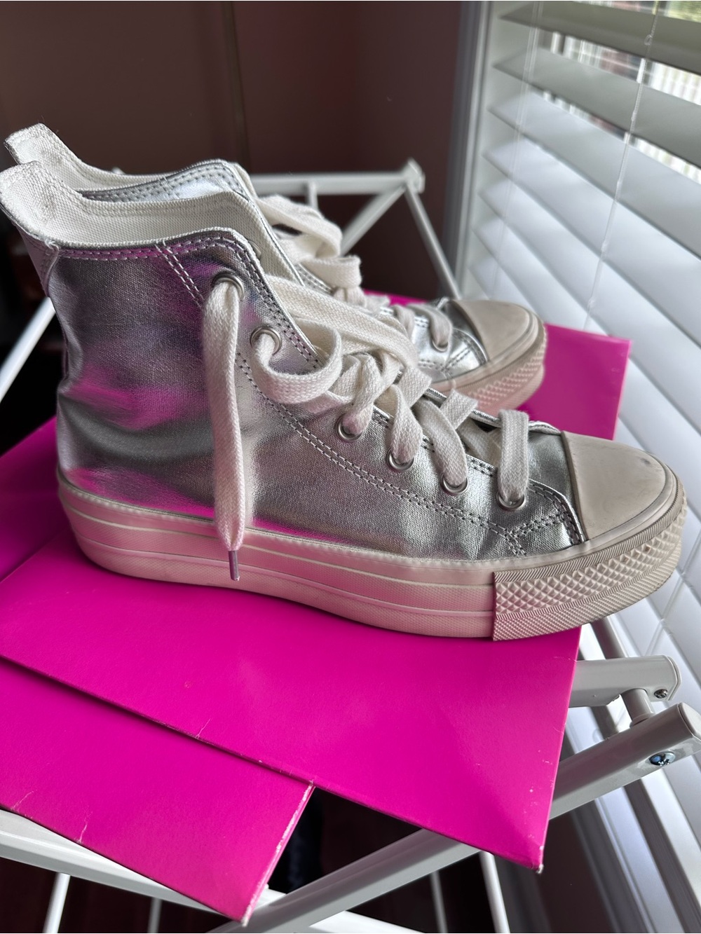 Converse Silver Metallic High-Top Sneaker with Cream Accents - Picture 3 of 5
